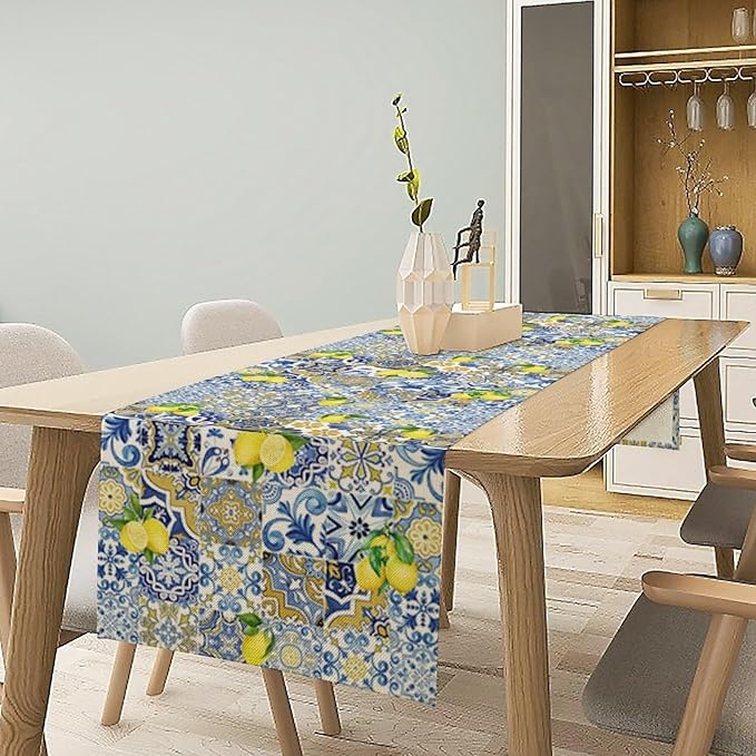 Farmhouse Rustic Lemon Table Runner,Vintage Morocco Blue Tiles Mediterranean Summer Fruit Print Table Runner for Kitchen Dining Table Home Party Decor 13x108in