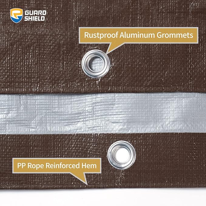 GUARD SHIELD Tarps Heavy Duty Waterproof 8x10 Feet Brown/Bright Silver Poly Tarp Cover Outdoor Thick UV Resistant Tarpaulin with Grommets 10mil