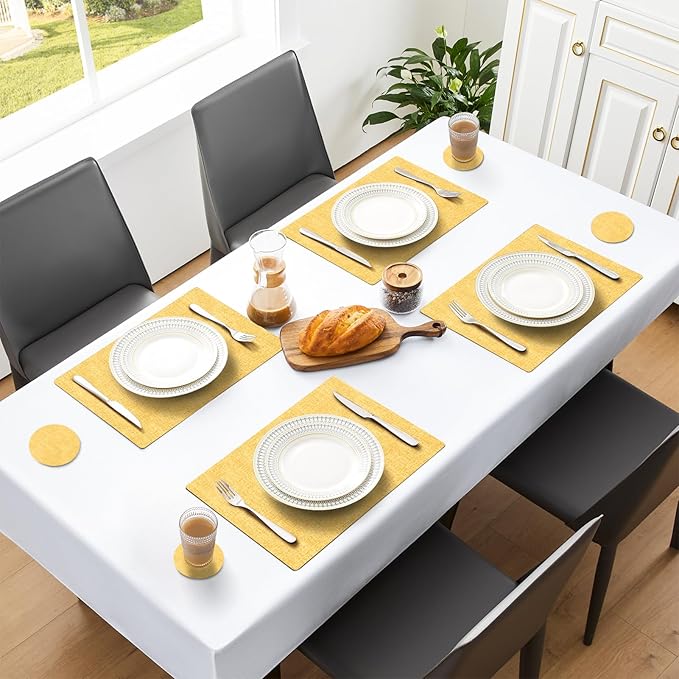 MOSAYT Placemats Set of 4, Heat Resistant Vinyl Place Mats with Coasters, 100% Waterproof Wipeable Washable Faux Leather Table Mats for Kitchen Dining Party Indoor Outdoor, 12" x 17", Yellow