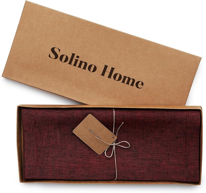 Solino Home Linen Small Table Runner 60 Inches - Athena, 100% Pure Linen Red Garnet Table Runner 14 x 60 Inch Ideal for Dresser and Coffee Tables - Valentines, Winter