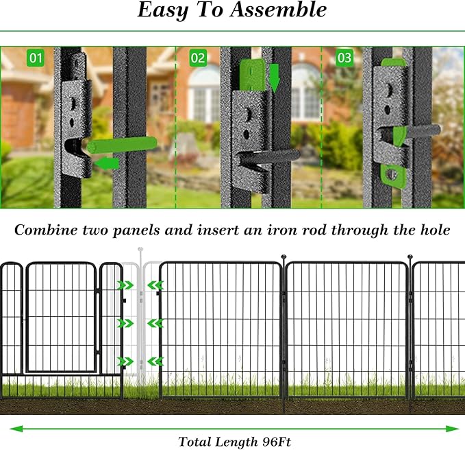 Garden Fence with Gate Metal Fencing Outdoor for Yard, 32in x96ft 42 Panels Outdoor Dog Fence Temporary Fence for Dogs Outside, Rustproof Garden Fencing Flower Bed Edging for Patio