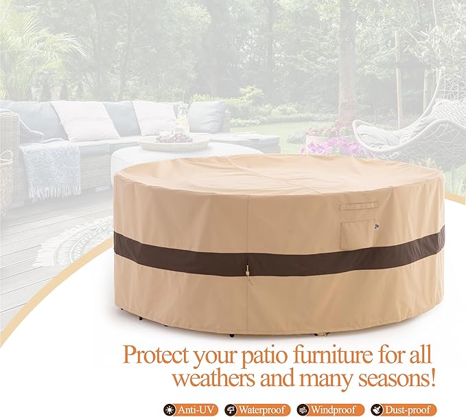 WJ-X3 Round Patio Furniture Cover, 110" D x 31" H, Waterproof, UV Resistant, Anti-Fading Outdoor Cover for Round Dining Table and Chairs Set, Beige & Coffee