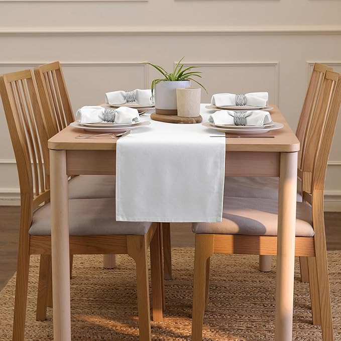 Encasa XO Table Runner 13"x104" Long | Cotton Canvas Fabric | White Solid Color | Machine Washable & Durable