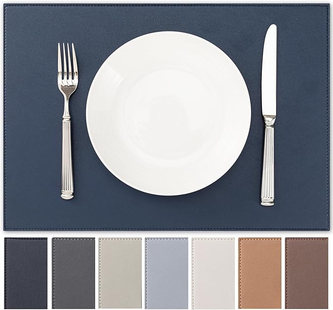 Faux Leather Placemats Set of 6 Vinyl Washable Wipeable Table Mats for Kitchen Dining Table Heat Resistant Waterproof Modern Indoor/Outdoor Placemats Non-Slip Easy Clean Place Mats (Navy Blue)