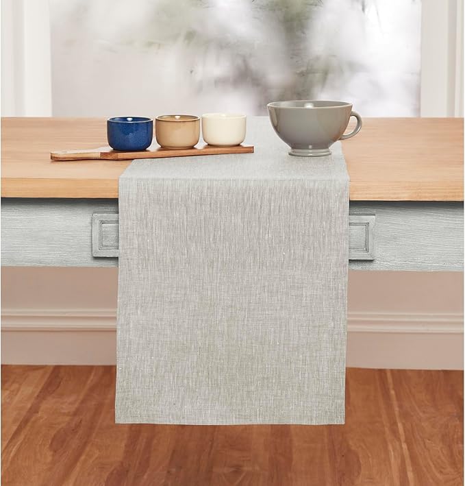 Solino Home Linen Table Runner 60 Inches - 100% Pure Linen Oyster Grey Table Runner 14 x 60 Inch Ideal for Dresser and Coffee Tables, Spring, Easter - Athena