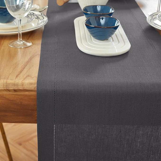 Solino Home Linen Table Runner 48 Inches - 100% Pure Linen Charcoal Hemstitch Table Runner 14 x 48 Inch Ideal for Dresser and Coffee Tables - Medium Weight - Winter