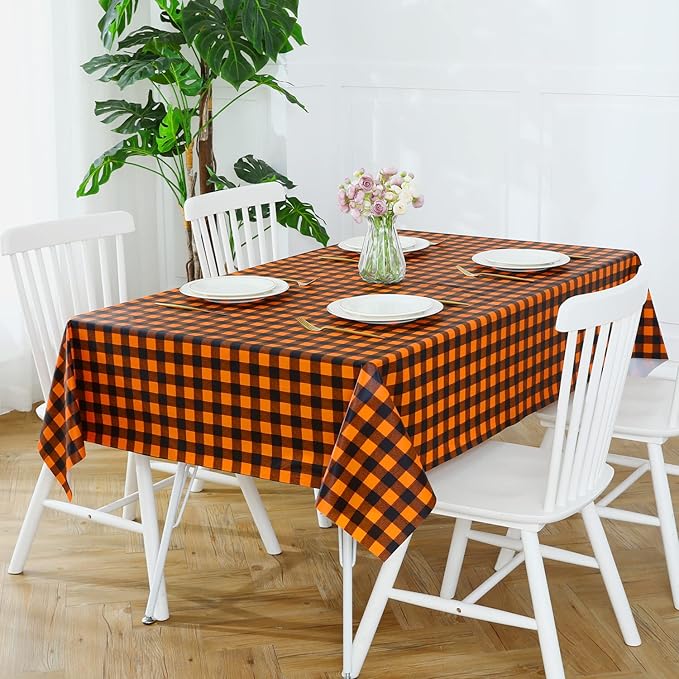 Romanstile Rectangle Vinyl Tablecloth, 100% Waterproof Buffalo Gingham Plastic Table Cloth, Heavy Duty Wipeable Checkered Table Covers for Outdoor, Camping, Picnic, Patio - 52 x 70, Black and Orange
