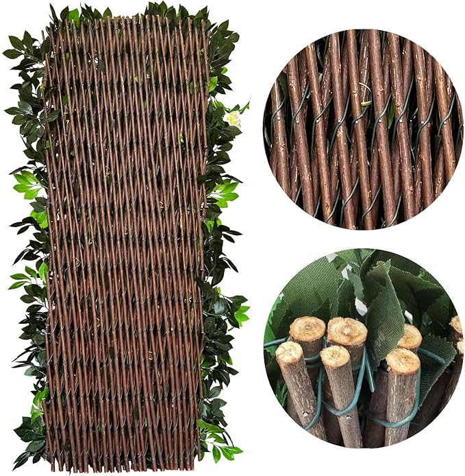 Expandable Fence Privacy Screen for Balcony Patio Outdoor,Decorative Faux Ivy Fencing Panel,Artificial Hedges (Single Sided Leaves) (4, Branches -White Fowers)