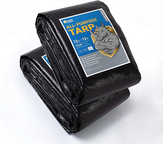 GUARD SHIELD Tarps Heavy Duty Waterproof 12x12 Feet Black Poly Tarp Cover Square Outdoor Thick UV Resistant Tarpaulin with Grommets 10mil (2-Pack)