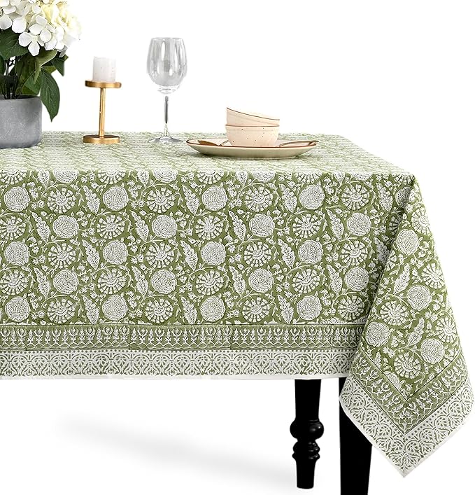 CPC Olive Bloom Tablecloth 100% Cotton 60x90 Inch Indian Block Print Rectangle Table Cover, Table Cloth for Gifting in Weddings, Halloween, Fall, Christmas, Thanksgiving