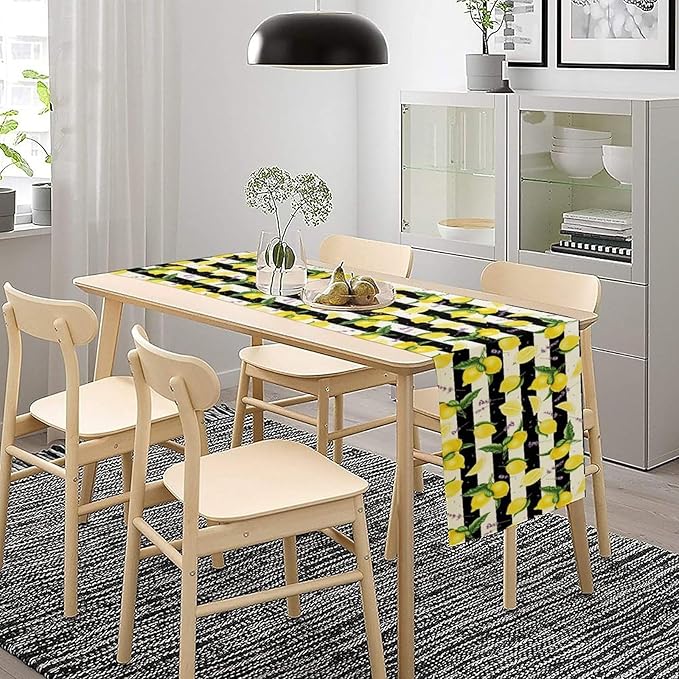 Farmhouse Lemon Fruit Table Runner Nature Aesthetic Black White Stripe Flowers Plant Dining Table Decoration for Home Holiday Party Dresser Kitchen Cabin Restaurant Wedding Decor 13×60in