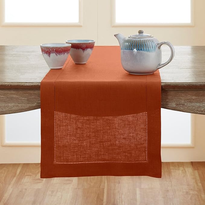 Solino Home Linen Table Runner 108 Inches Long - 100% Pure Linen Cinnamon Table Runner 14 x 108 Inch - Classic Hemstitch