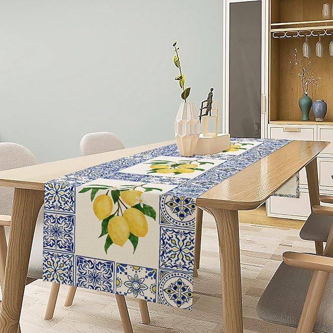 Yellow Lemon Table Runner, Blue Tiles Summer Holiday Tasty Fruit Healthy Fruit Vintage Watercolor Rustic Botanic Table Cover for Party Picnic Dining Room Kitchen, 13x90inch