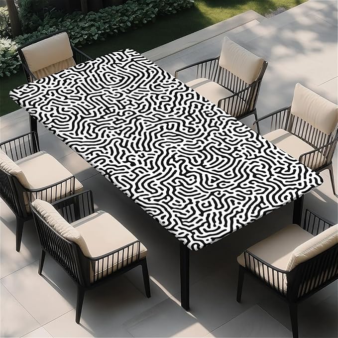 Rectangle Table Cloth Cover Waterproof Elastic Fitted Polyester Fitted Tablecloths for 6 Foot Tables for Indoor,Picnic, Camping, Outdoor （60" x 30"，Abstract Geometry）