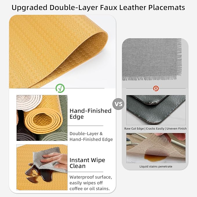 Faux Leather Placemats Set of 6 – 17x12 Inch Vinyl Table Mats, Heat Resistant, Non Slip, Wipeable & Washable, Easy to Clean Dining Table Decor for Kitchen & Dining Room（Golden Yellow）