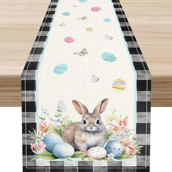 Easter Table Runner,Vinatge Black Plaid Rabbit Easter Eggs Butterflies Floral Spring Table Center Decor for Family Kitchen and Living Room Outdoor Farmhouse Party Table Decorations, 13"x108"