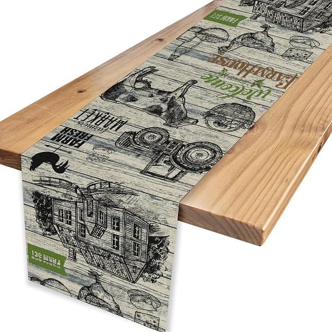 Farmhouse Cow Table Runner, Retro Rustic Country Barn Cottage Rooster Cow Animal Plank Coffee Table Center Decor for Home Kitchen Dining Patio Holiday Party Indoor Outdoor Table Decorations 13"x90"