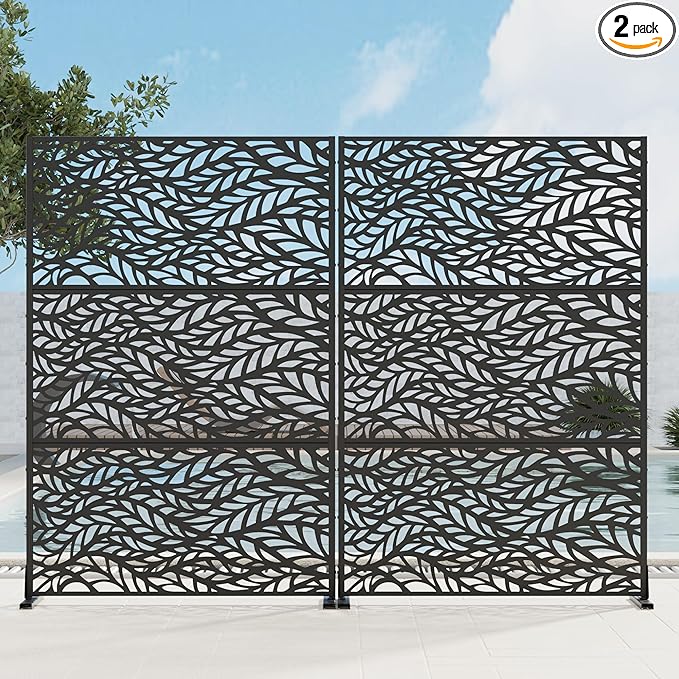 Casaphoria 72" H x 45" W Metal Privacy Screen, 2 Pack Outdoor Freestanding Decorative Divider for Patio & Garden with Stable Base, Black-Spring