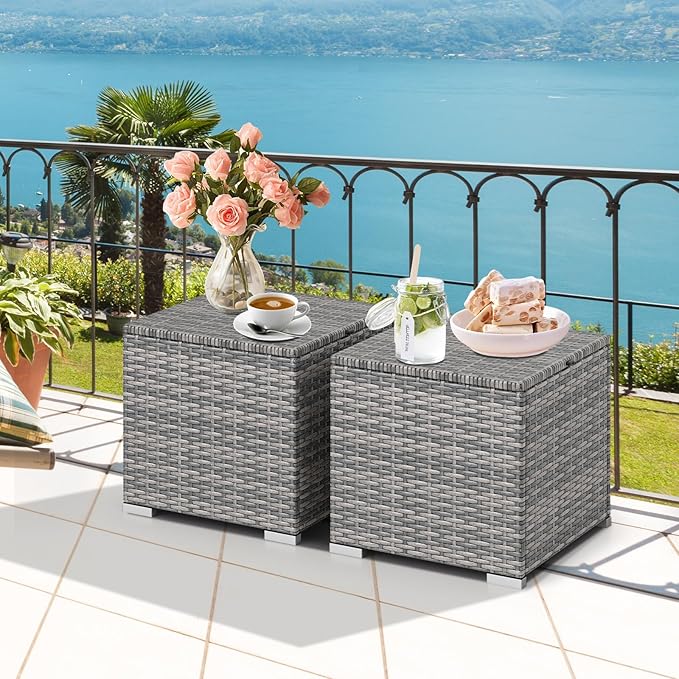 Tangkula 2 Pieces Patio Ottomans, Patiojoy Hand-Woven PE Rattan Side Table with Removable Cushion & Hidden Storage Space, Multifunctional Storage Box, Seat for Patio, Backyard, Poolside (Black&Grey)
