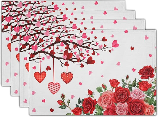 Giwawa Valentine's Day Placemats, Romantic Love Hearts Tree Branches Rose Floral Table Mat, Heat Stain Resistant Linen Place Mats for Kitchen Dining Wedding Anniversary Decor, 12"x18", Set of 4