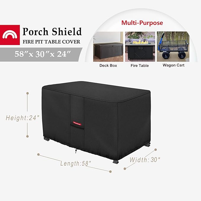 Porch Shield Patio Fire Pit Cover - Waterproof 600D Outdoor Rectangular Fire Table Cover Deck Box Protector - 58 x 30 inch, Black