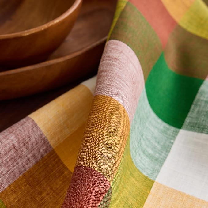 Solino Home Linen Checkered Table Runner 132 Inches Long - 100% Pure Linen Buffalo Check Fall Multicolor Table Runner 14 x 132 Inch Ideal for Dining
