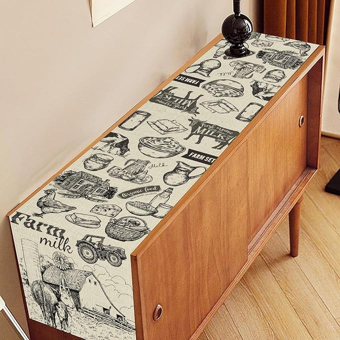 Farm Animals Table Runner, Rustic Farmhouse Rooster Cow Chicken Black Print Watercolor Coffee Table Center Decor for Home Kitchen Dining Patio Party Indoor Outdoor Table Decorations, 13" X 72"