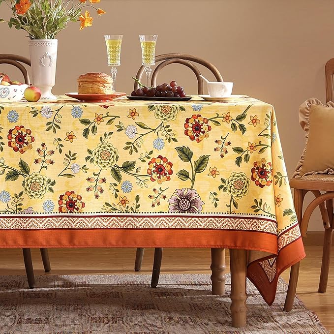 Vintage Linen Tablecloth for Rectangle Table,Yellow Floral French Wrinkle Free Long Tablecloths,Decorative Table Cover for Kitchen,Dining,Thanksgiving,Farmhouse,63" × 94"-Bellano