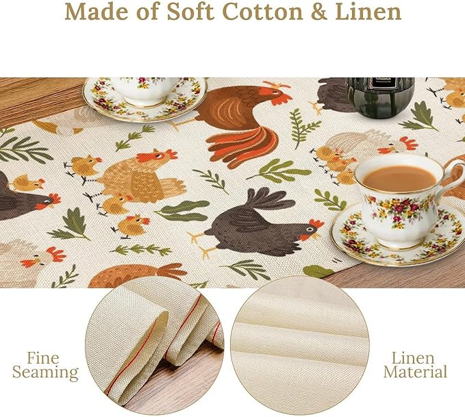 Cute Roosters Chickens Table Runners, Rustic Farm Animals Hen Table Runner for Farmhouse Wedding Coffee Dining Table Party Home 13x70in