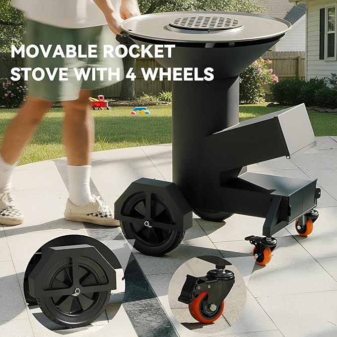 3-in-1 Rocket Stove with Griddle, Grate & Pot Rack, Large Wood BBQ Grill with Wheels, Ash Tool & Cover, Outdoor Stove for Patio Barbecue Cooking Backyard Camping RV Tailgating, GS346