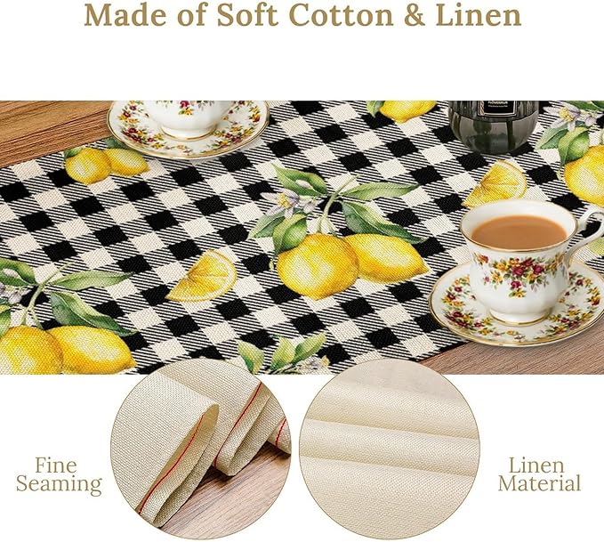 Fresh Lemon Table Runner, Yellow Lemon Black White Buffalo Check Plaid Table Runner for Farmhouse Coffee Home Kitchen Dining 13x108in