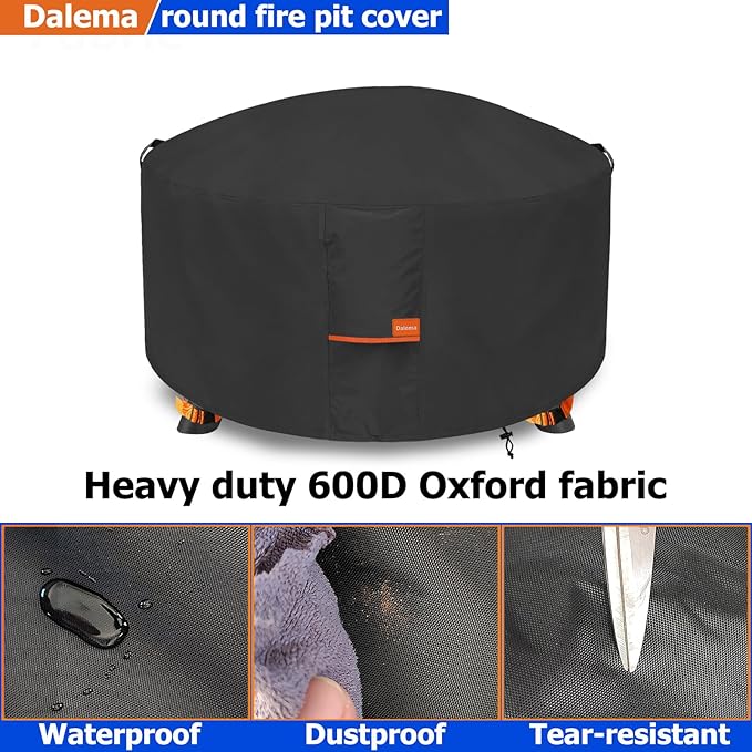 Fire Pit Cover,Outdoor Heavy Duty 600D 100% Waterproof Fire Pit Cover Round,Weatherproof Firepit Covers Round 44" Dia x 24" H,Black