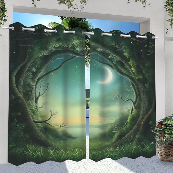 Forest Theme Waterproof Outdoor Curtains for Patio,Trees Moon Lake Pattern,Privacy Curtains for Porch Pergola Arbor Lanai Pool House Outside Deck,2 Panels,54 x 84 inch,Green