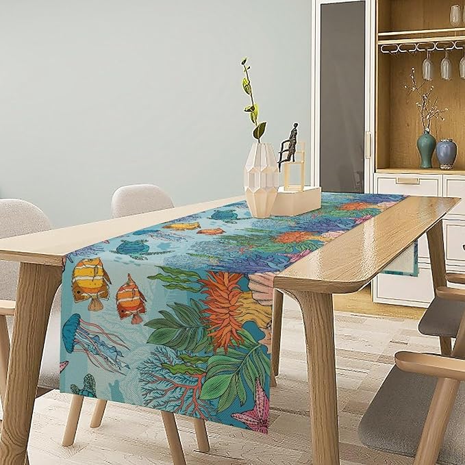 Coastal Table Runner, Ocean Nautical Coral Starfish Seashell Sea Turtle Table Runner for Dining Table Kitchen Party Picnic Home 13x70in