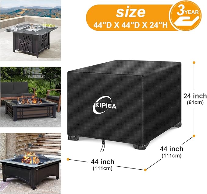 Kipiea Square Fire Pit Cover - Upgraded 600D Strong Tear Resistant, 100% Waterproof Fire Pit Table Cover, UPF 50+ Outdoor Firepit Cover Square Fading Resistant, 44" L x 44" W x 24" H