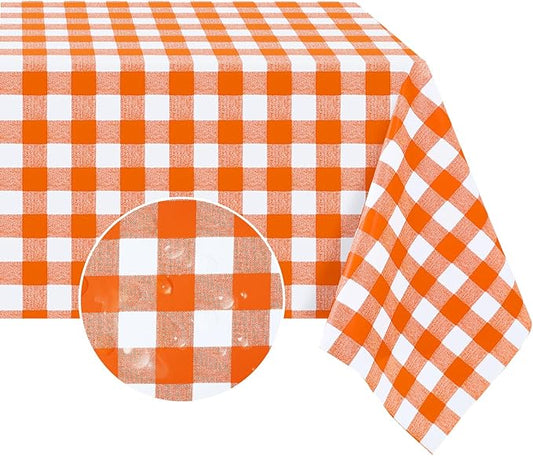 Romanstile Rectangle Vinyl Tablecloth, 100% Waterproof Buffalo Gingham Plastic Table Cloth, Heavy Duty Wipeable Checkered Table Covers for Outdoor, Camping, Picnic, Patio - 54 x 78, Orange and White