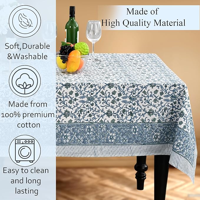 CPC Ocean Vine Tablecloth 100% Cotton 72x160 Inch Indian Block Print Rectangle Table Cover, Table Cloth for Gifting in Weddings, Halloween, Fall, Christmas, Thanksgiving