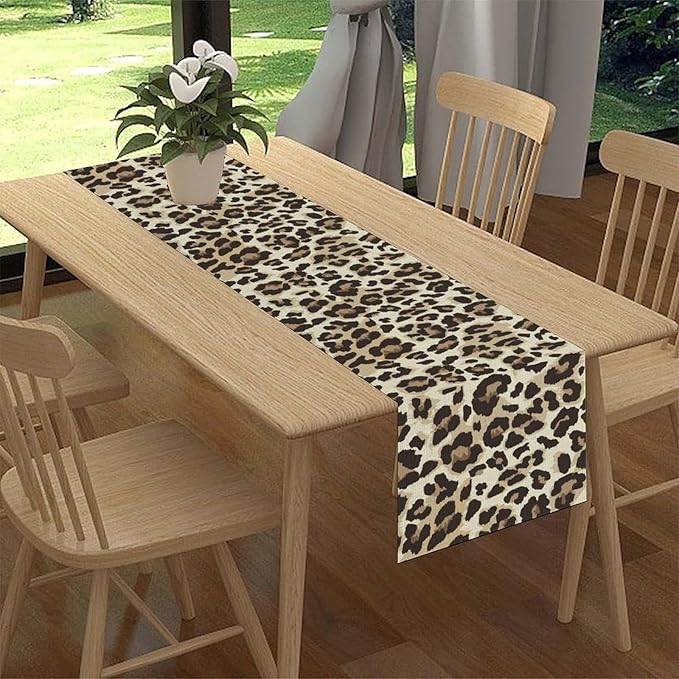 Leopard Print Table Runner, Animal Fur Print Western Style Table Runner Country Farmhouse Cottage Cow Pattern Linen Table Decoration for Home Kitchen Dining 13x36