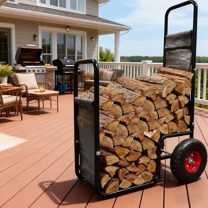 Firewood Cart with Pneumatic Wheel: 44 X 27 X 20 in Heavy Duty 220 lbs Load for Garden Backyard Fireplace Men Women Use