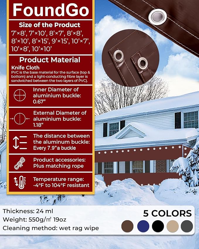 FoundGo 10'H x 10'W Vinyl Curtains for Patio 19oz, Outdoor Clear Vinyl Patio Enclosure,Heavy Duty Clear Tarp Waterproof Vinyl Tarps with Grommets for Pergola, Balcony,Porch,Gazebos，-4℉ Cold Resistant