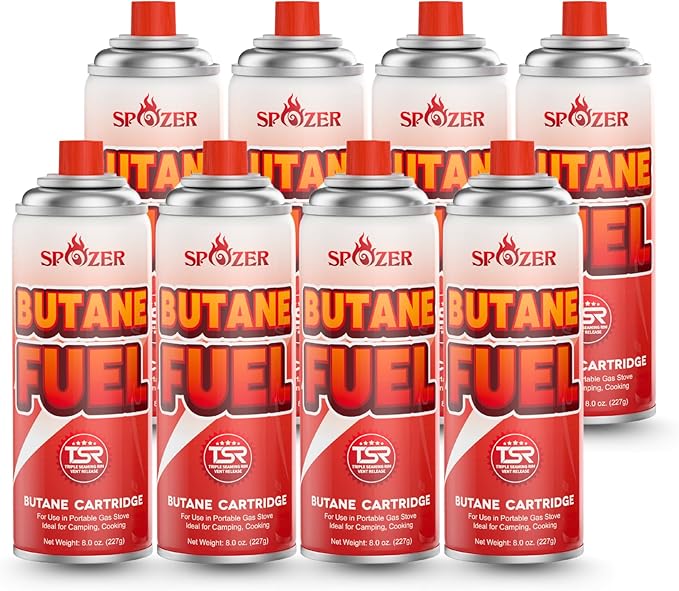 Butane Fuel Canister, 8oz (227g) Butane Refill with TSR Safety Valve, for Camping Stoves, Kitchen Torch, BBQ, 8 PCS