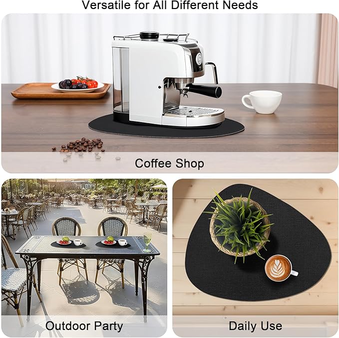 Placemats and Coasters, Washable Reversible Placemats Round Faux Leather Wipeable Place Mats Non Slip Heat Resistant Indoor Outdoor Table Mats (Set of 6, Cream Black)