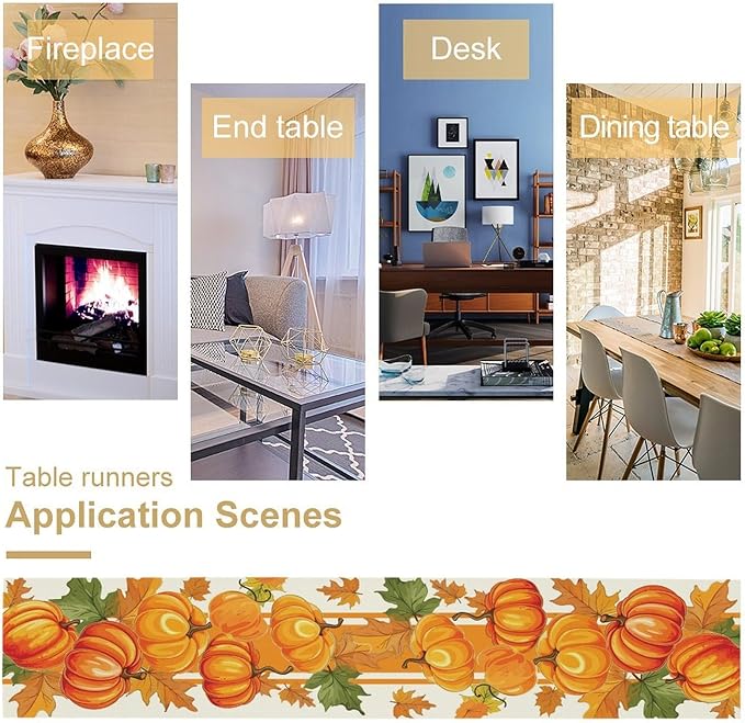 Fall Pumpkin Table Runner, Autumn Orange Maple Leaves Print Table Runner for Thanksgiving Harvest Holiday Indoor Outdoor Table Decoration, 13x108inch