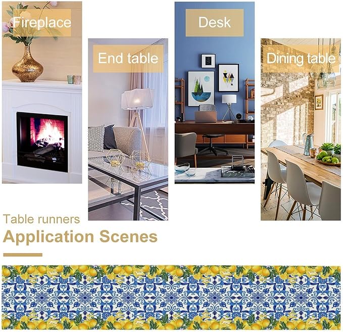 Blue Lemon Table Runner, Italy Tile Yellow Lemon Fruit Table Runners for Farmhouse Coffee Home Kitchen Dining Party Patio Indoor Outdoor 13x36in