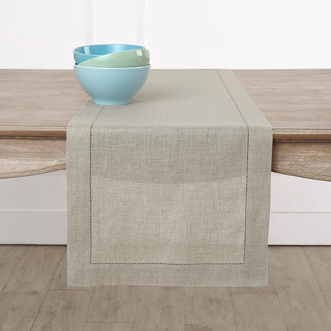 Solino Home Linen Natural Table Runner 60 Inches - Classic Hemstitch, 100% Pure Linen Coffee Table Runner 14 x 60 Inch Ideal for Dresser Tables - Spring, Easter