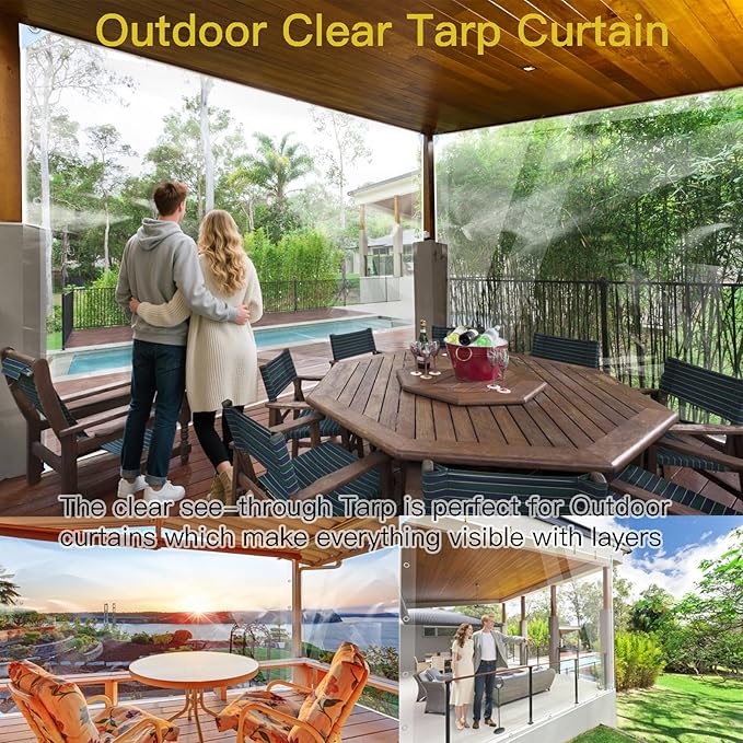 Clear Tarps Heavy Duty PVC, 14Mil Thickened Tear Resistant Waterproof PVC Vinyl Tarp，Protects Against Water,Tear, Cold Weather Resistan，for Patio,Porch and Outdoor（7' x 10'）