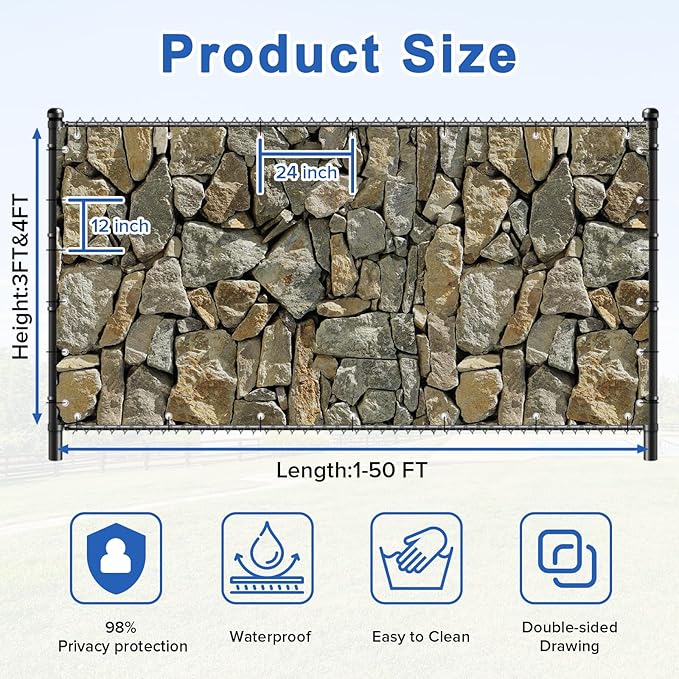 UPGRADE 4'x12'Customized PVC Privacy Fence Screen with Stone Wall Print – Outdoor Waterproof Patio Privacy Cover for Yard, Balcony, Garden Fence Decoration