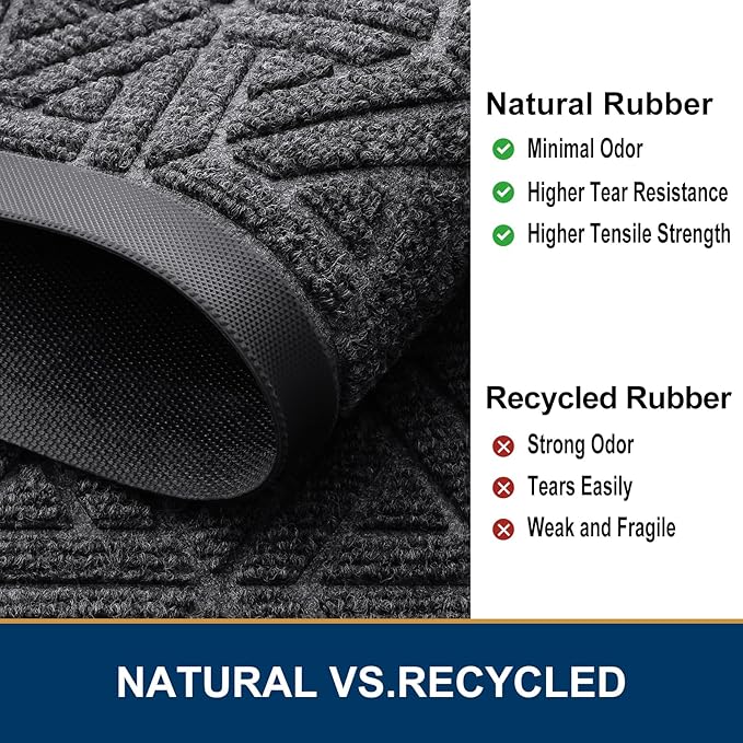 Smiry Front Door Mat Outside Entrance, Heavy Duty Sturdy Natural Rubber Doormat, Trap Dirt and Moisture, Easy Clean Low Profile Mats for Indoor Outdoor Entry, Grid Geometric (71x47, Grey)