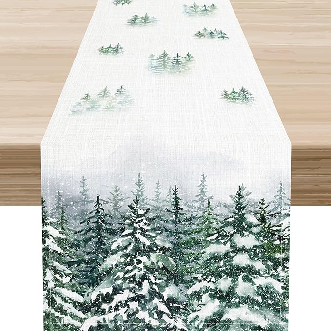 Forest Table Runner, Rustic Farmhouse Mountains Birds Pine Tree Woodland Jungle Cottage Country Coffee Table Center Decor for Home Kitchen Dining Patio Holiday Party Table Decorations, 13"x90" Inch