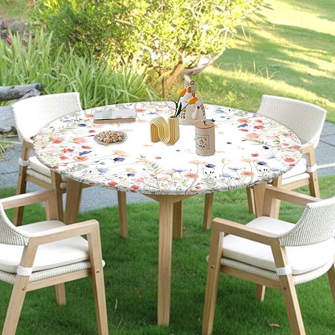 Spring Summer Floral Round Fitted Tablecloth with Elastic Watercolor Farmhouse Wildflower Circle Table Cloth for 44-48" Tables Wipeable Waterproof Easter Flower Table Cover for Picnic Dining Outdoor